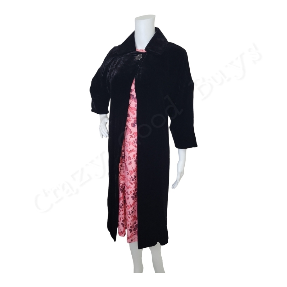Spiegel Black Silk Velvet Overcoat Topcoat w/ Single Button, 3/4 Sleeve, Midi